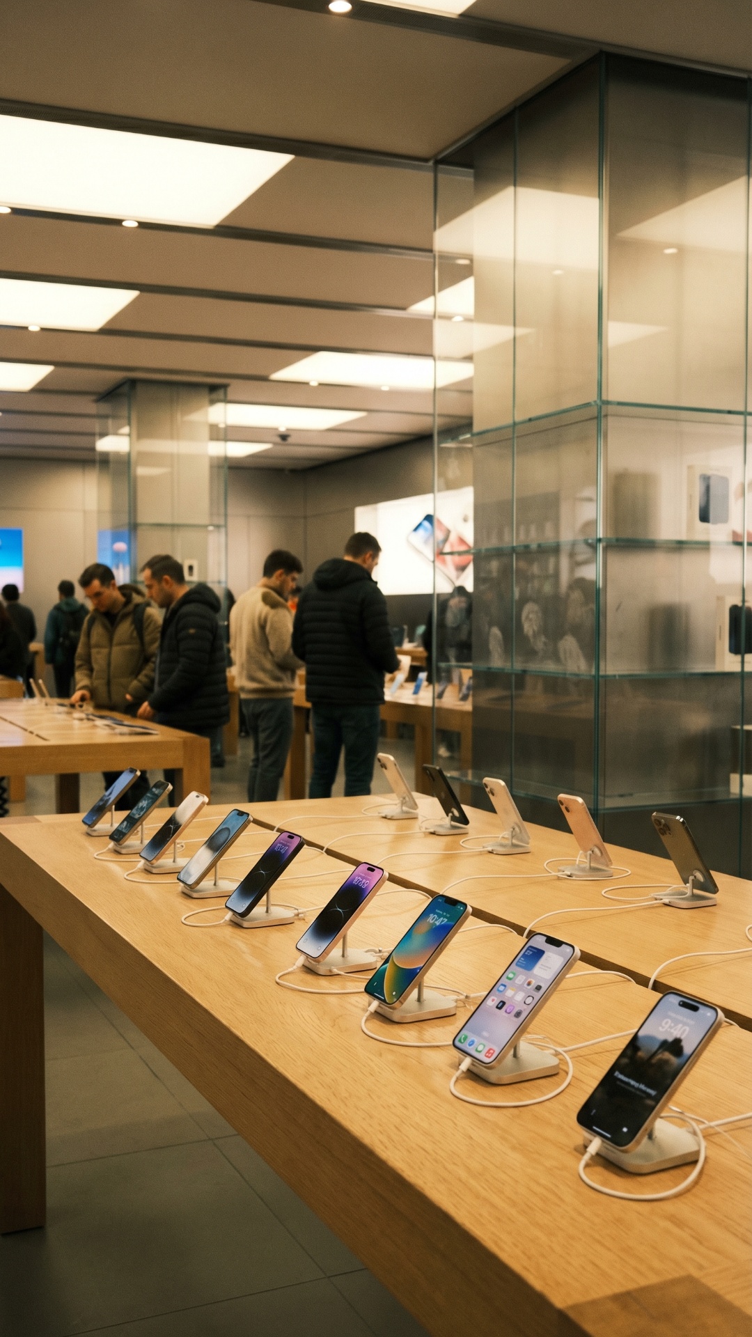 Ultra photorealistic electronics store interior, real retail environment with smartphones display...