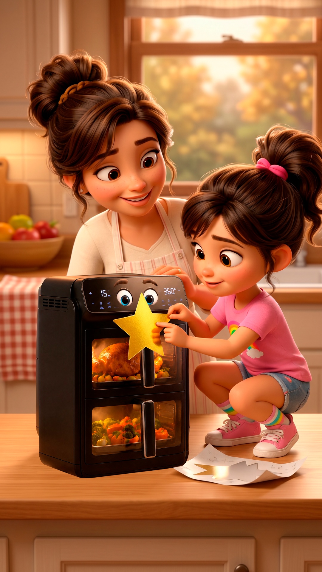 Girl carefully sticks the largest golden star onto the air fryer. Mother watches with amusement....