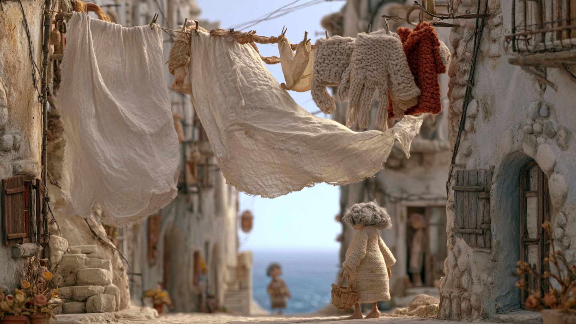 A strong coastal breeze pushes the large white sheets outward across the narrow street. The woman...