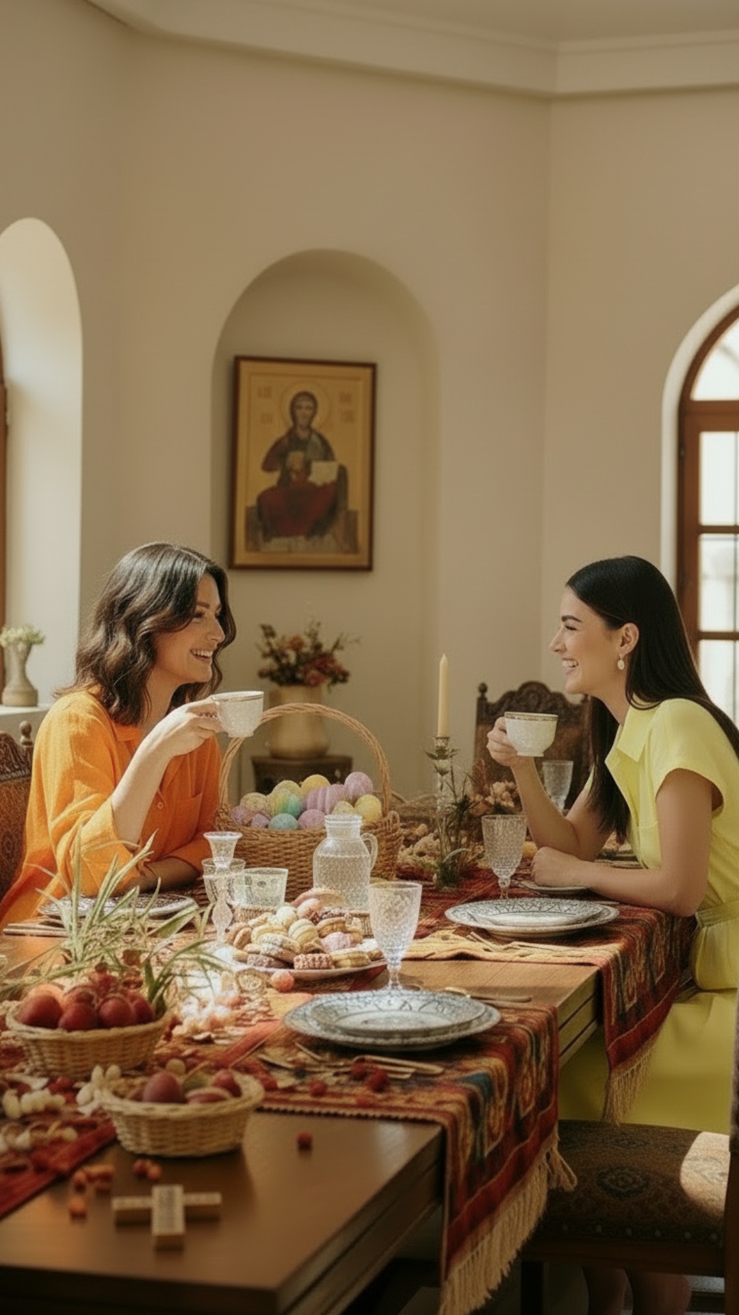 they are drinking coffee with sweets and chatting