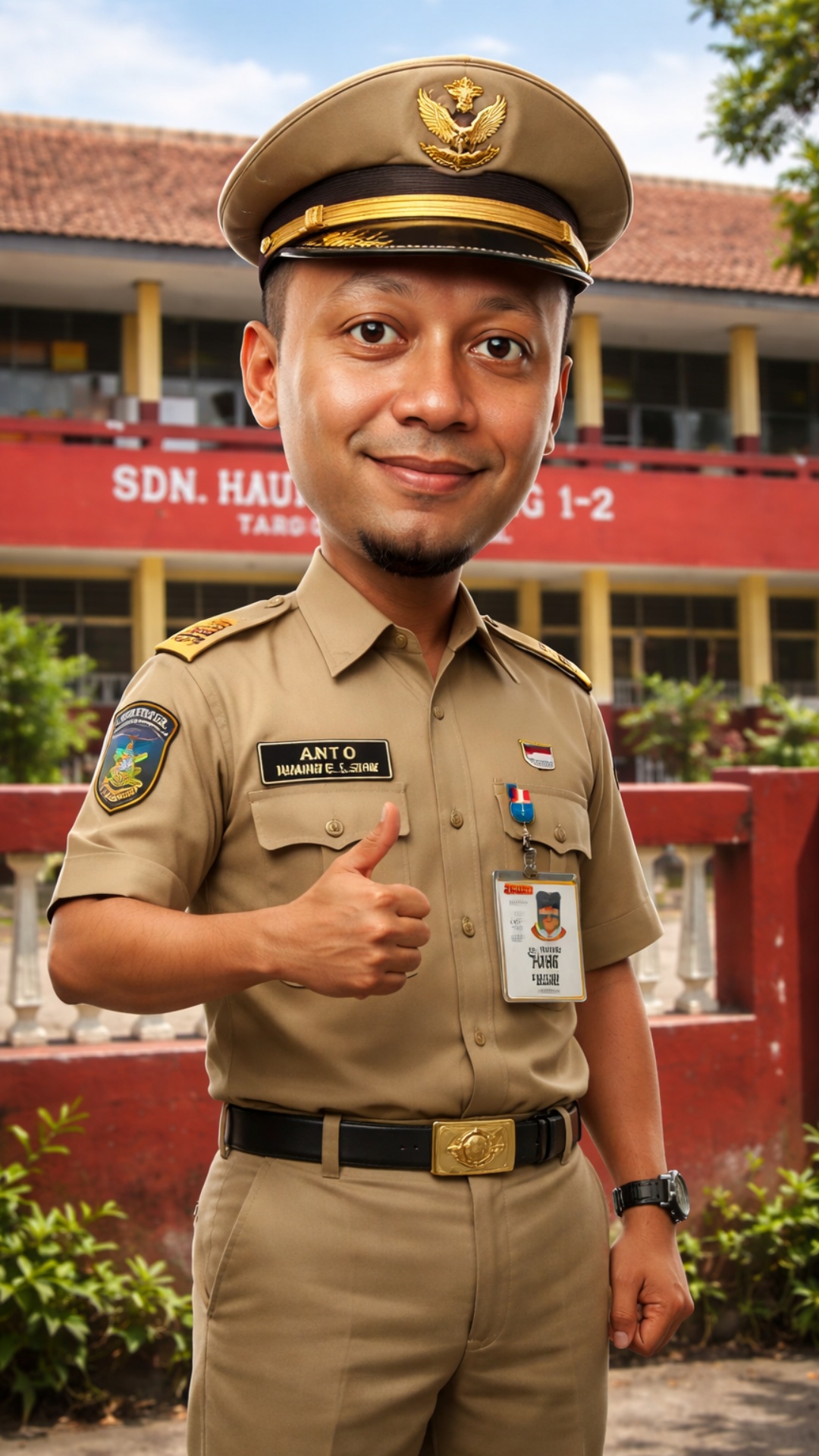 A male Indonesian teacher wearing a complete khaki civil servant (PNS) uniform stands confidently...