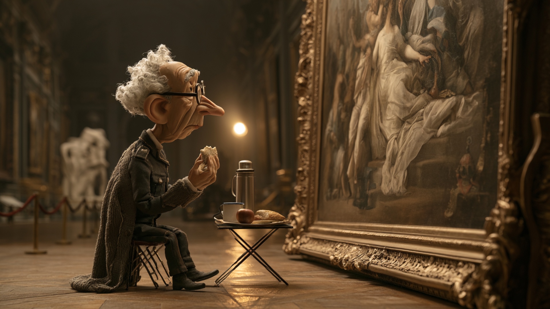 Single continuous 5-second cinematic shot. The museum guard takes a small bite of his sandwich, c...