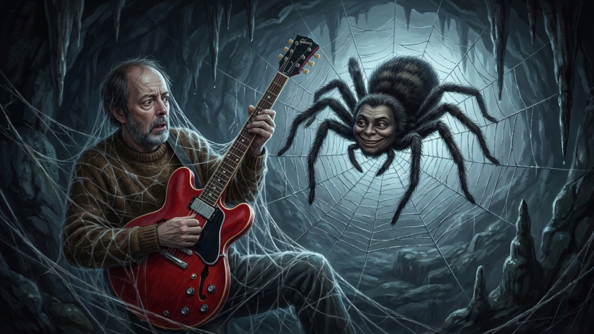 Le guitariste dans la grotte, empêtré dans une toile d'araignée, essaie de fuir l'araignée sauvag...