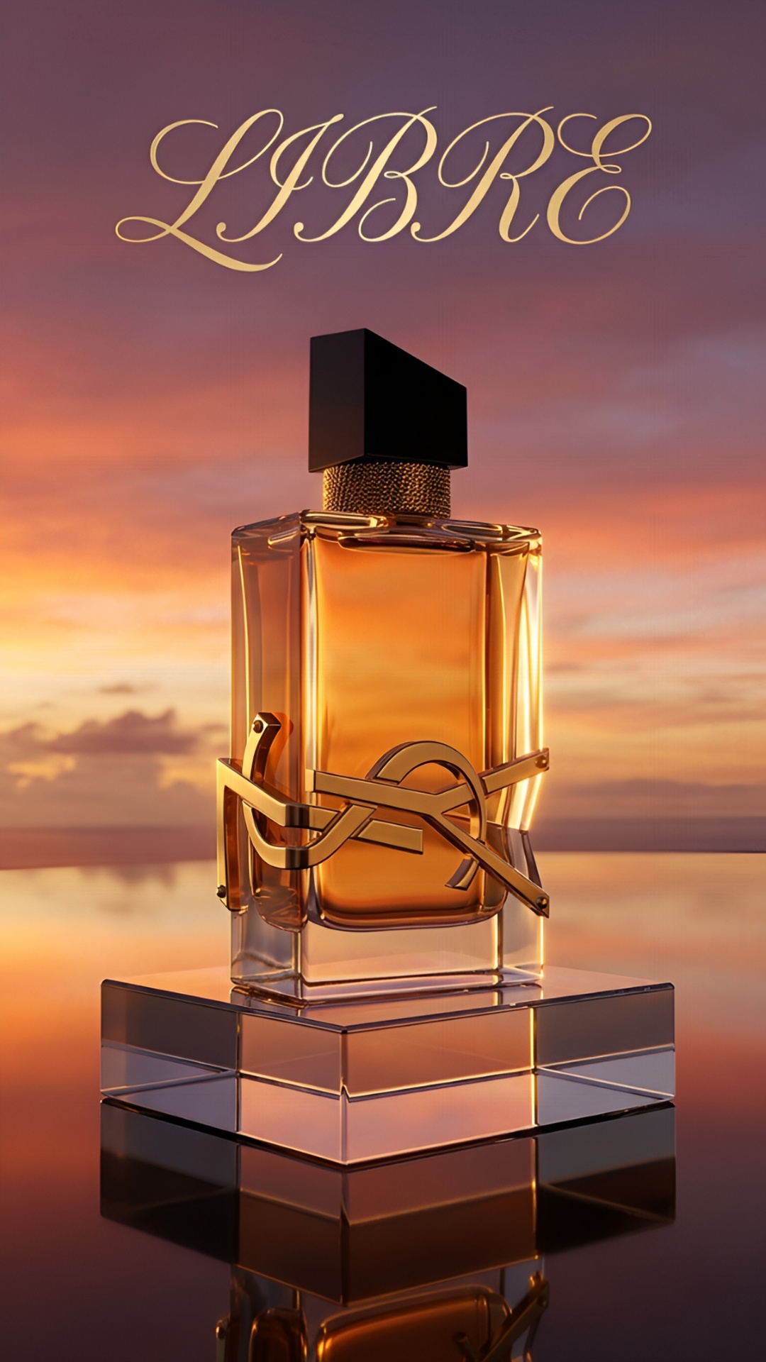 Slow panoramic orbit around the bottle, sky slowly transitioning from orange to deep blue, sparkl...