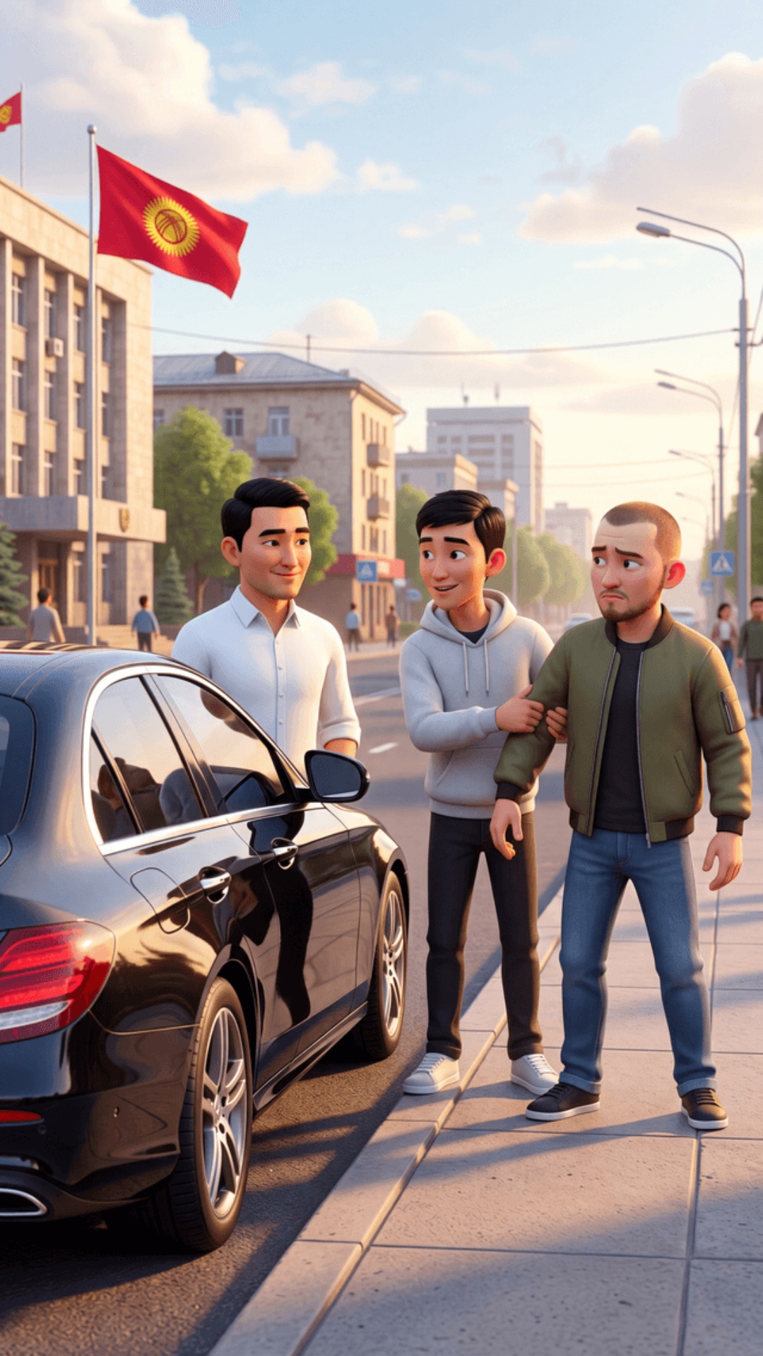 Pixar 3D animation, vibrant colors, soft sunset light, 9:16 vertical. Bishkek street, Kyrgyz flag...