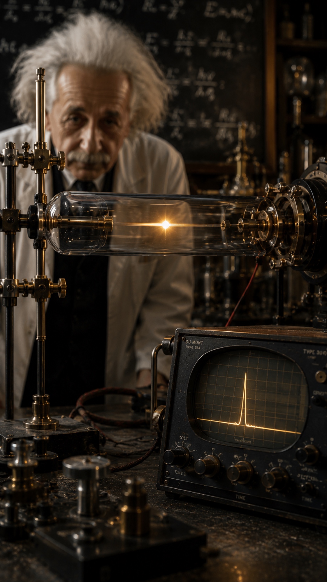 The elderly scientist carefully watches the laboratory experiment.

Inside the transparent glass ...