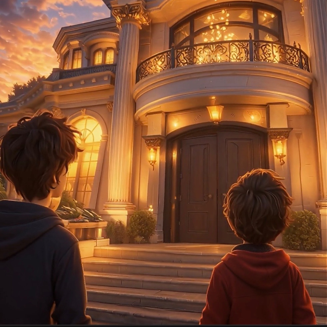 The luxury mansion door slowly opens with a creaking sound at sunset. Two brothers walk inside th...