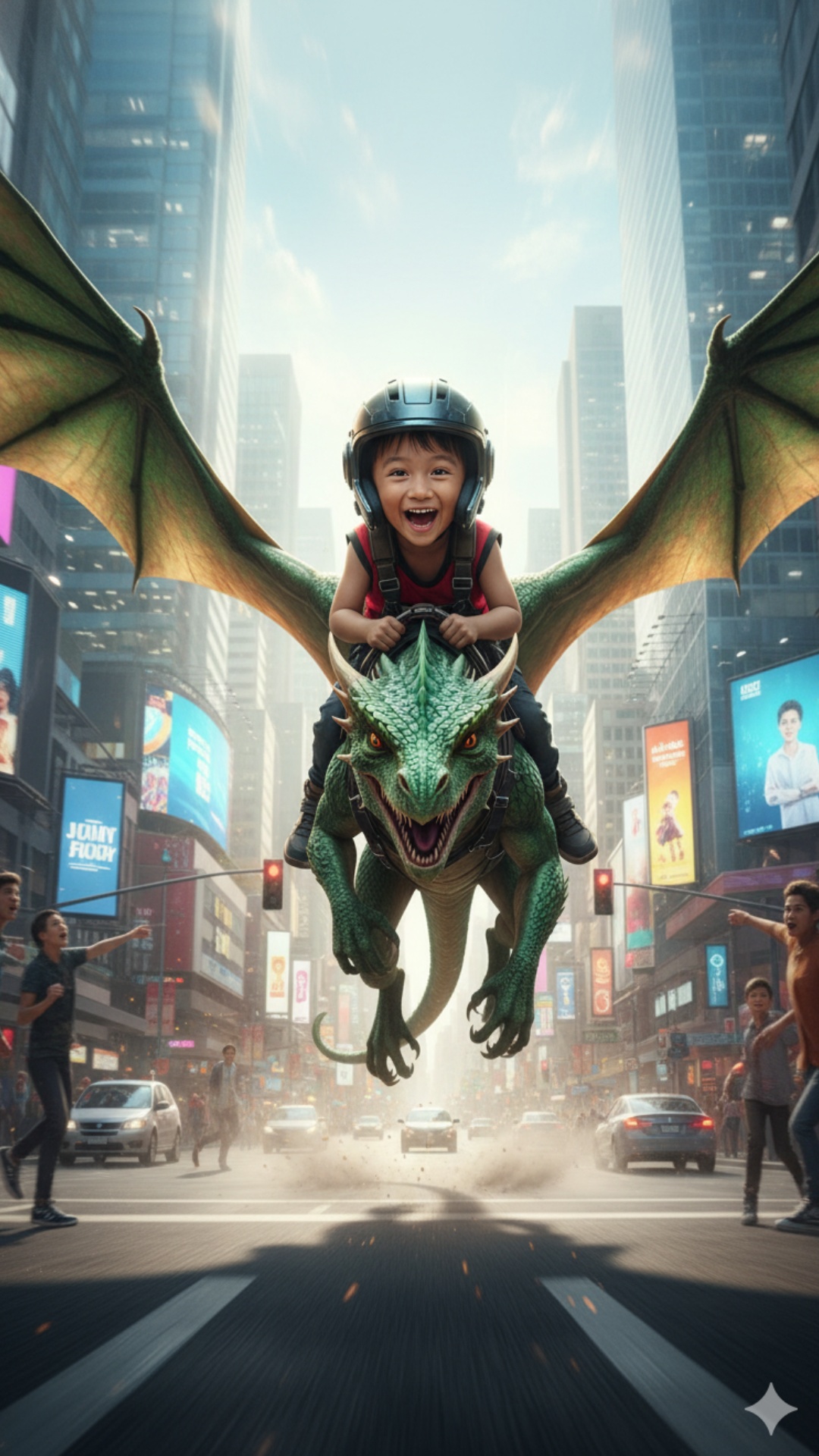 Cinematic sequence of a small dragon sprinting through a modern city street, its wings already sp...