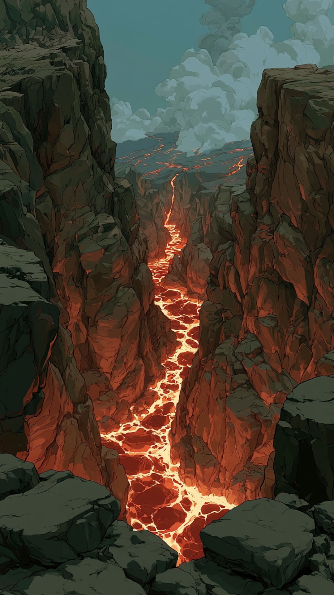 Camera tilts down, magma veins shifting.
