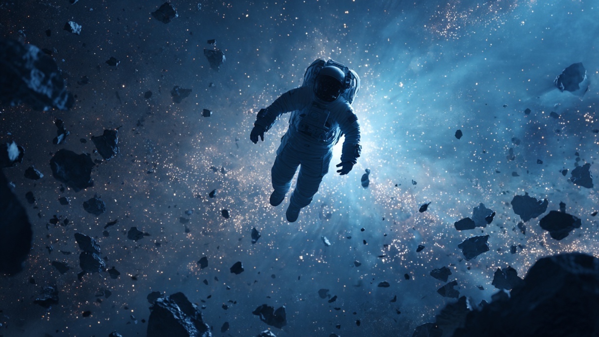 A lone astronaut drifts through open space… surrounded by shattered asteroids and glowing cosmic ...