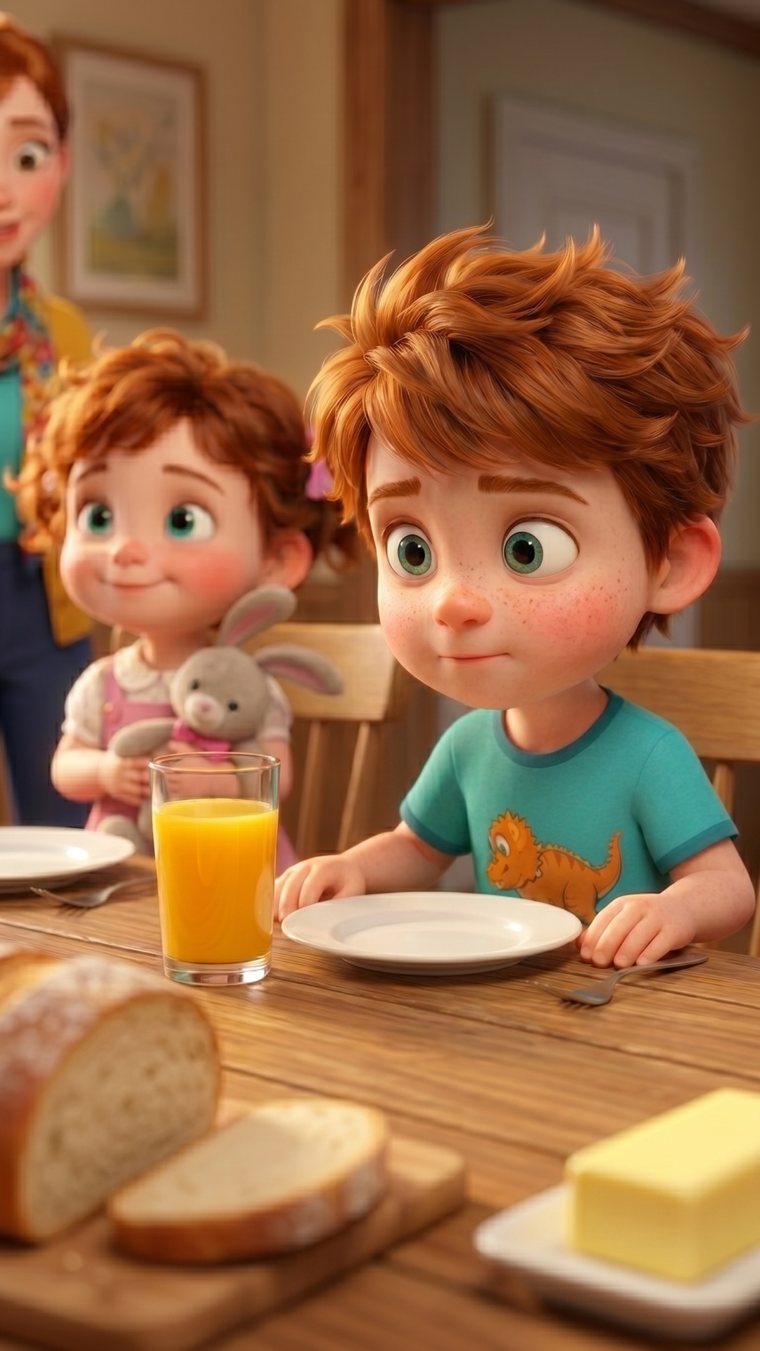 Cinematic Pixar-style animation, seamless continuous shot. The camera slowly pans and shifts focu...