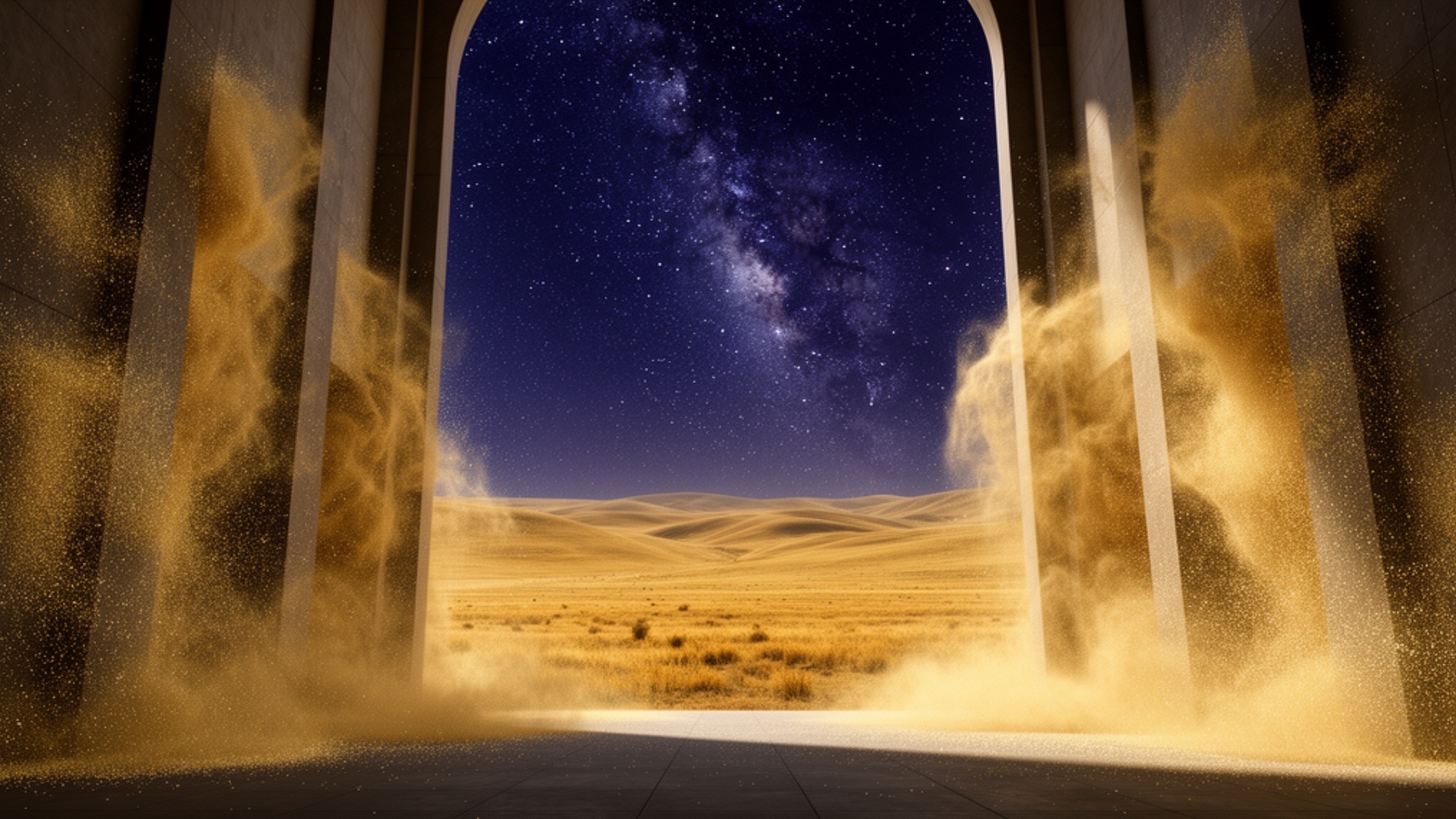 slow cinematic push forward through the arch, golden steppe revealed, stars above, particles floa...
