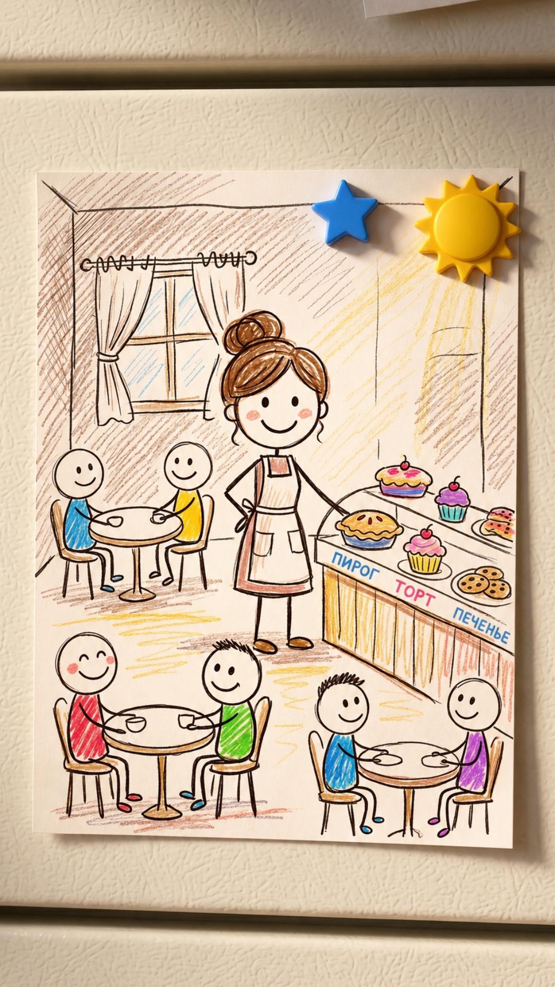 Close-up of the drawing on the refrigerator. The camera slowly pushes closer. Warm sunlight falls...