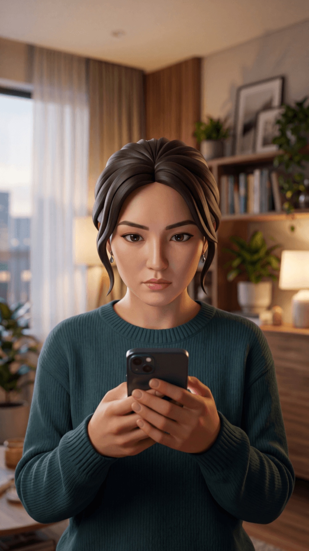 Animated stylized cinematic scene, 70% cartoon style, 30% realism, Pixar-style faces, soft styliz...