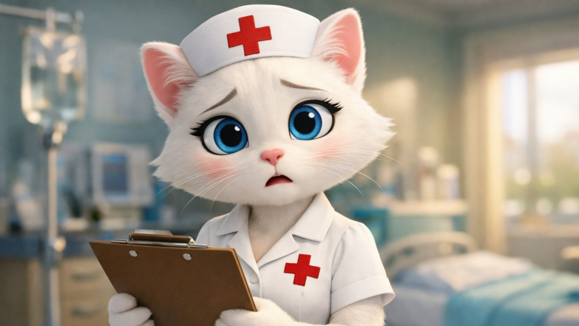3d fluid expressive animation of anthro female cat nurse looking confused, silent