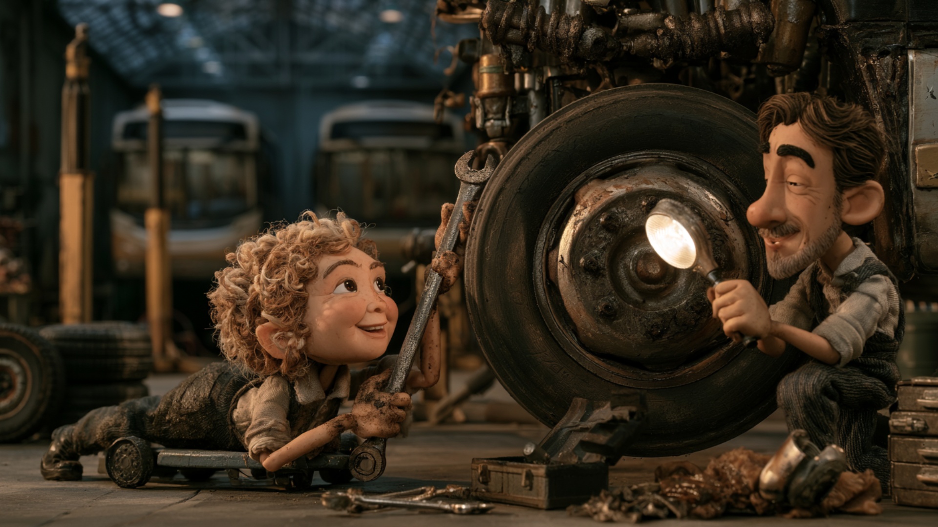 The female bus mechanic lying on the wheeled creeper makes one slow controlled tightening movemen...