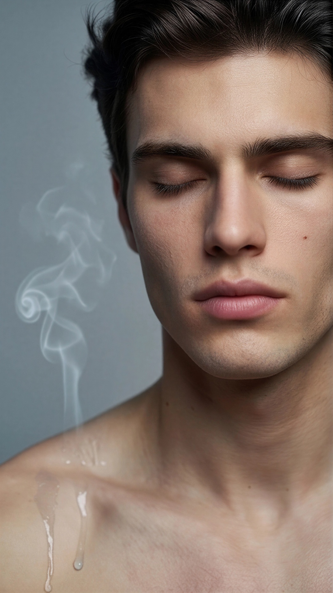 Extreme close-up of his face. As he exhales, thick, mystical white steam begins to pour from his ...