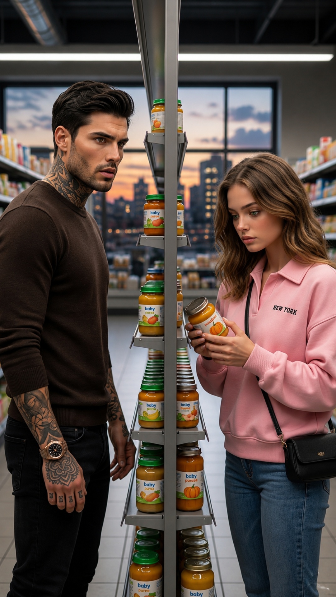 Vertical 9:16, ultra realistic cinematic romantic drama, supermarket baby food aisle, colorful ba...