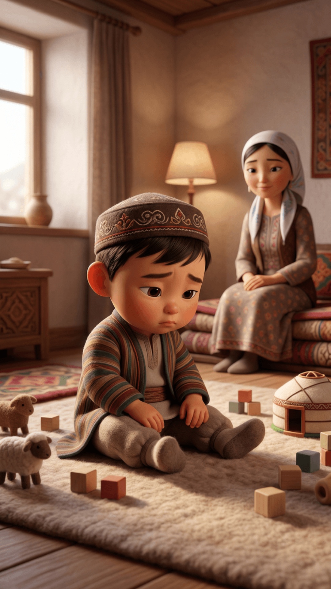 vertical 9:16, pixar style, stylized кыргыз characters, no realism

same character, 2-3 years o...