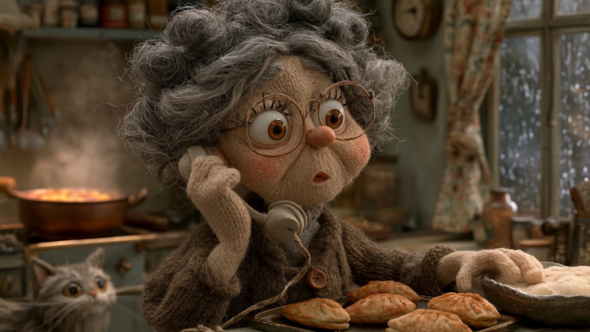 Keep the telephone firmly at the woman’s ear and keep her other hand resting on the dough exactly...