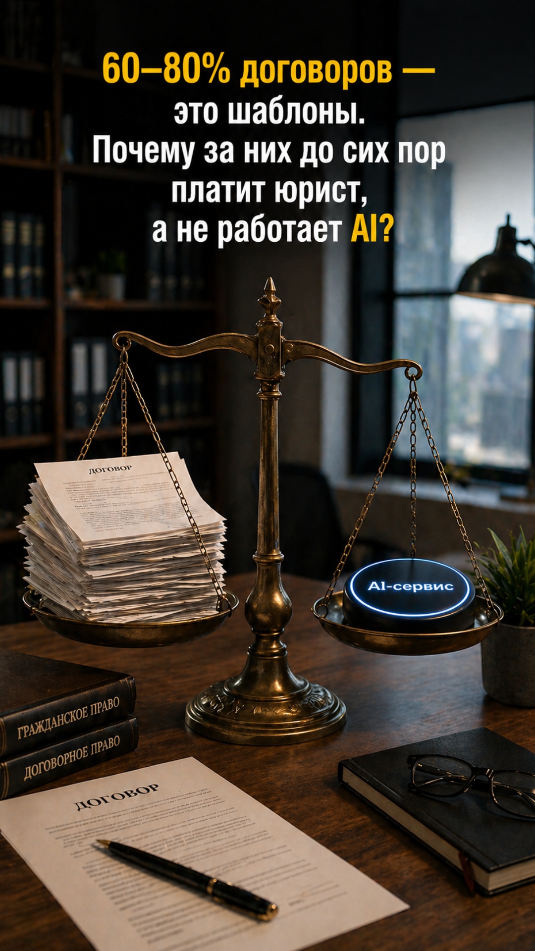 Create a 6‑second, single‑shot vertical video in a moody law office. In the center, there is an o...