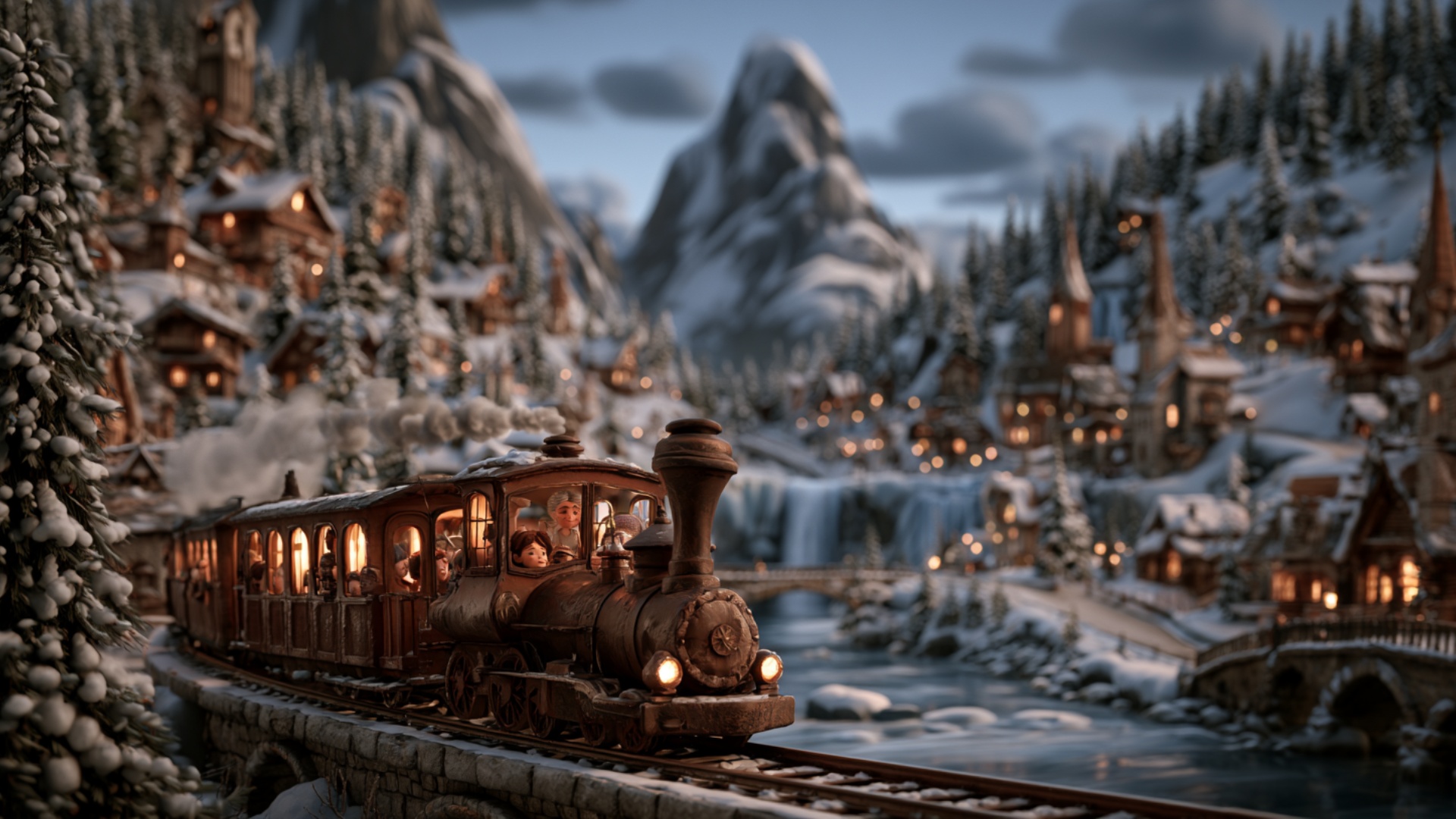 The vintage steam train travels steadily forward along the existing track through the snowy villa...