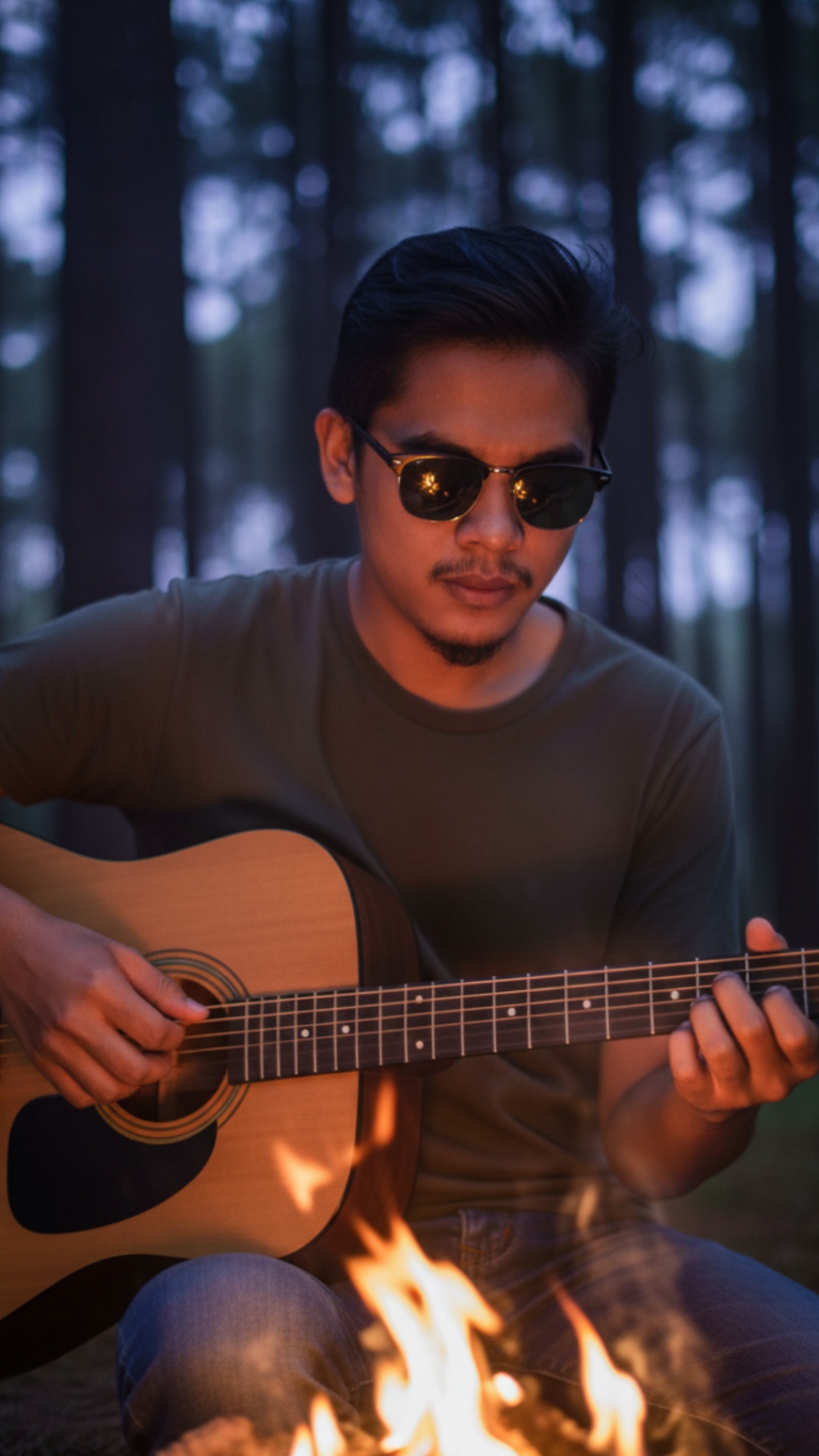 A cinematic video of a young man sitting by a campfire in a pine forest at dusk, playing the song...