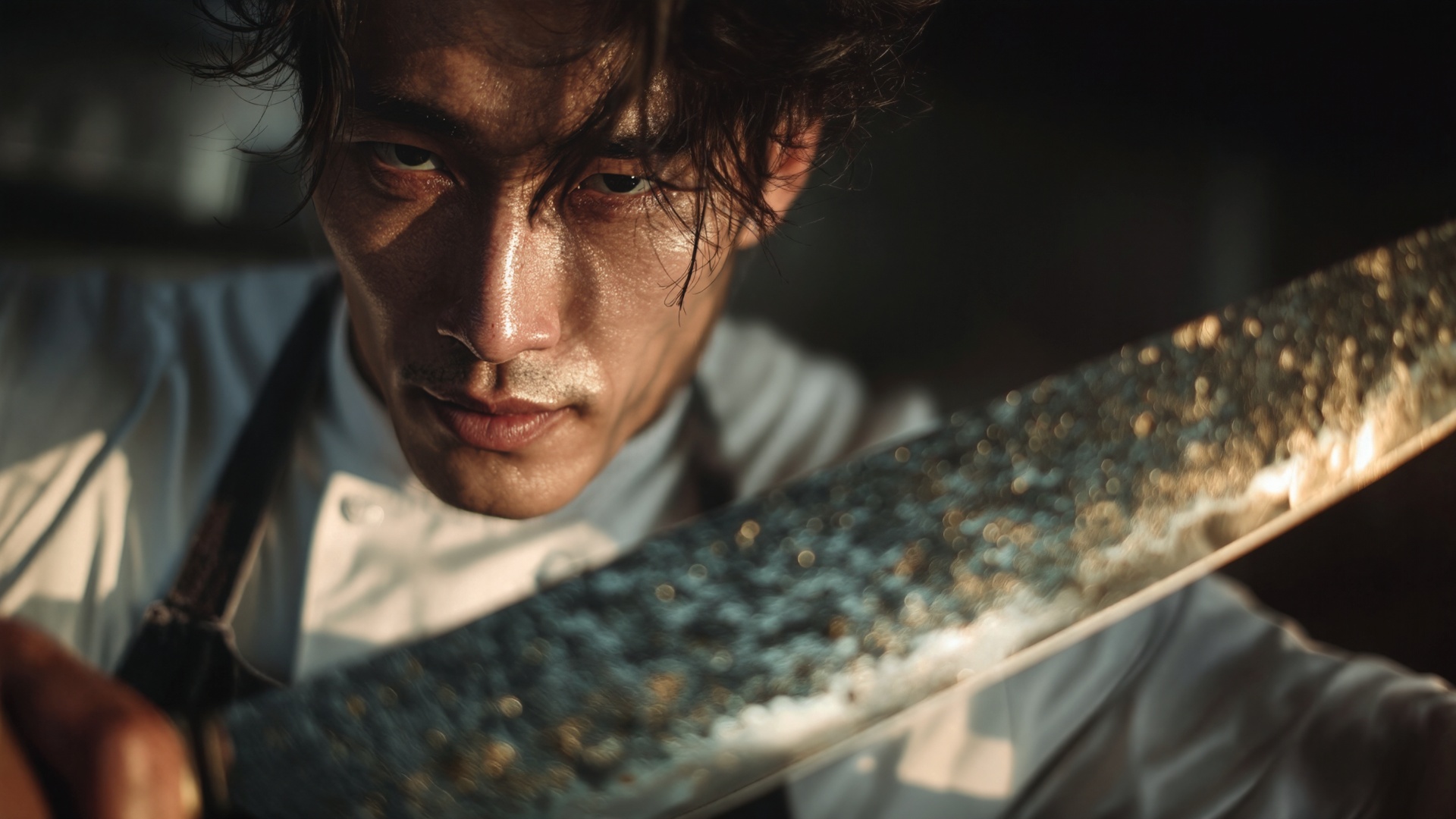 Extreme close-up — the chef’s face glistens with sweat as his knife slides against the honing rod...
