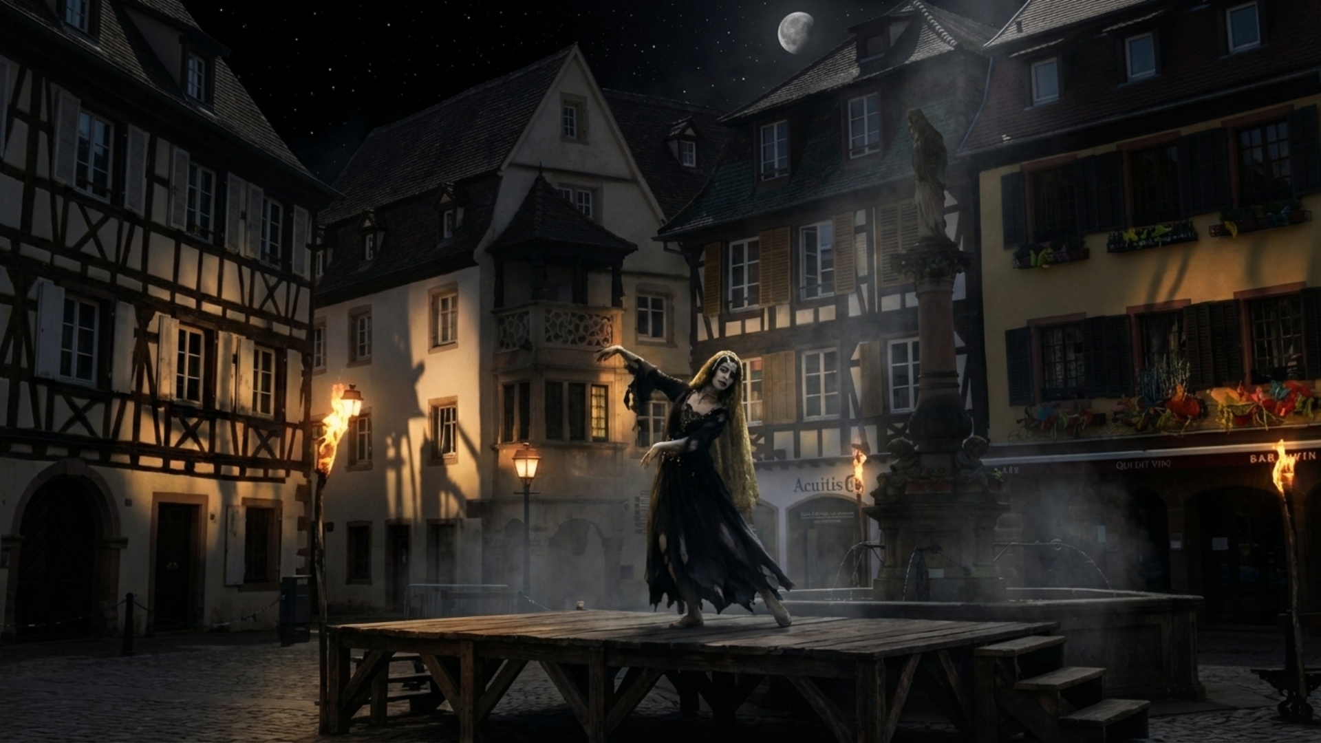 La femme danse une CHorégraphie sombre et macabre sur une scène éclairée en clair-obscur la nuit ...