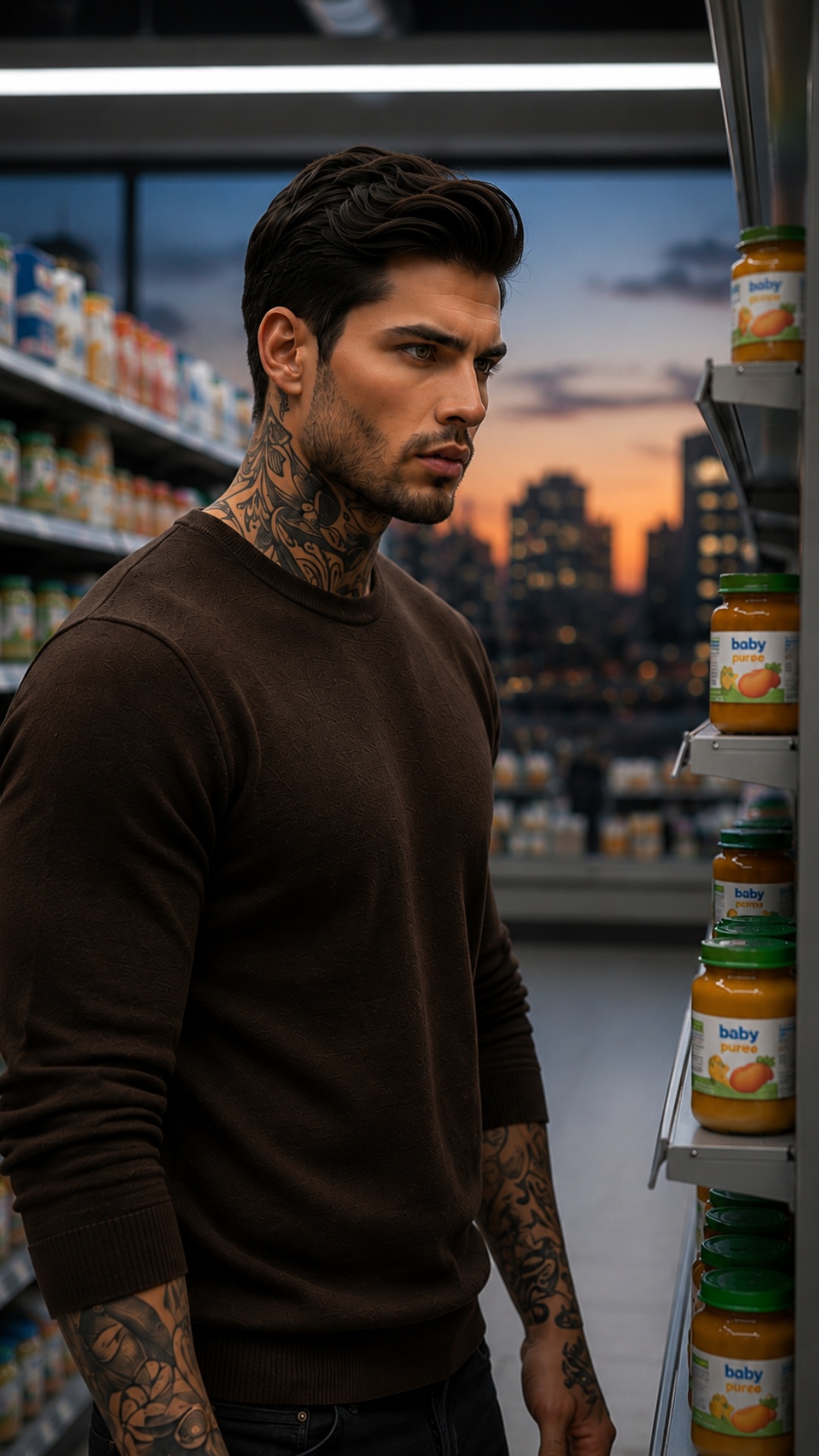 Vertical 9:16, ultra realistic cinematic romantic drama, supermarket baby food aisle, evening aro...