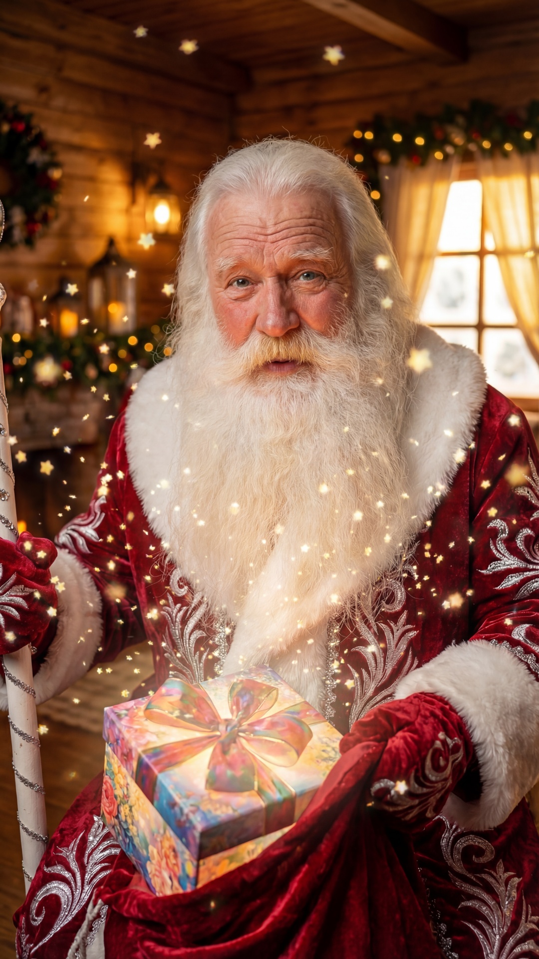 Close-up. Ded Moroz holds the gift box and gently blows on it. Magical golden dust and sparkles f...
