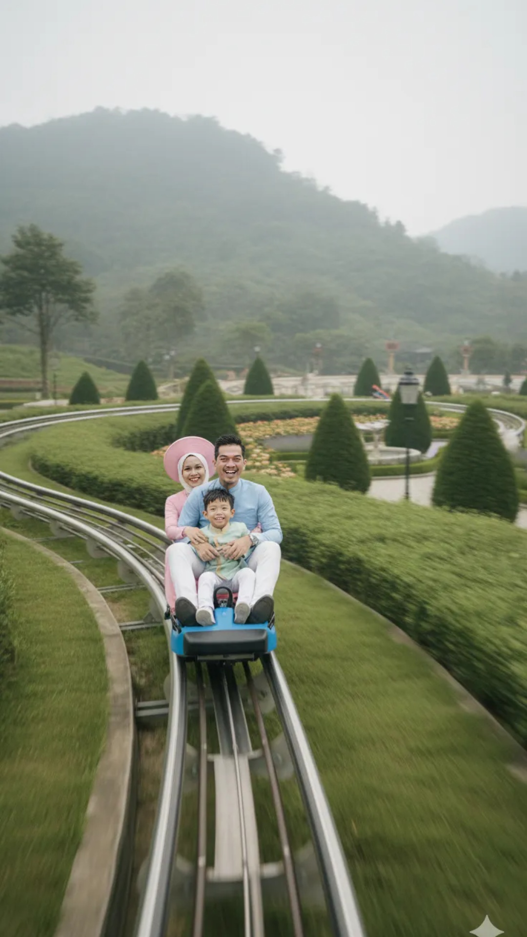 A cinematic video of a small family riding a miniature amusement park rail car through a beautifu...