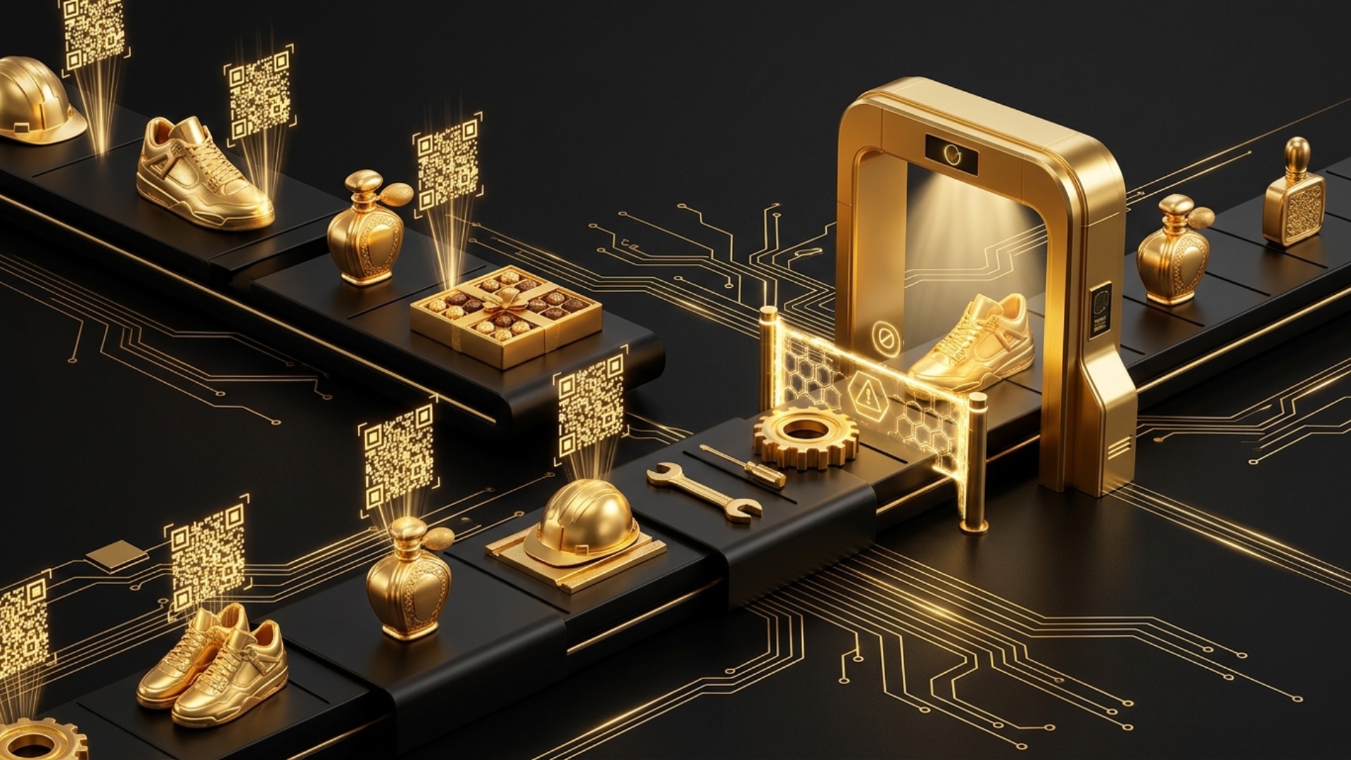 The image remains exactly the same. Slow tracking camera across the golden products. QR codes sof...