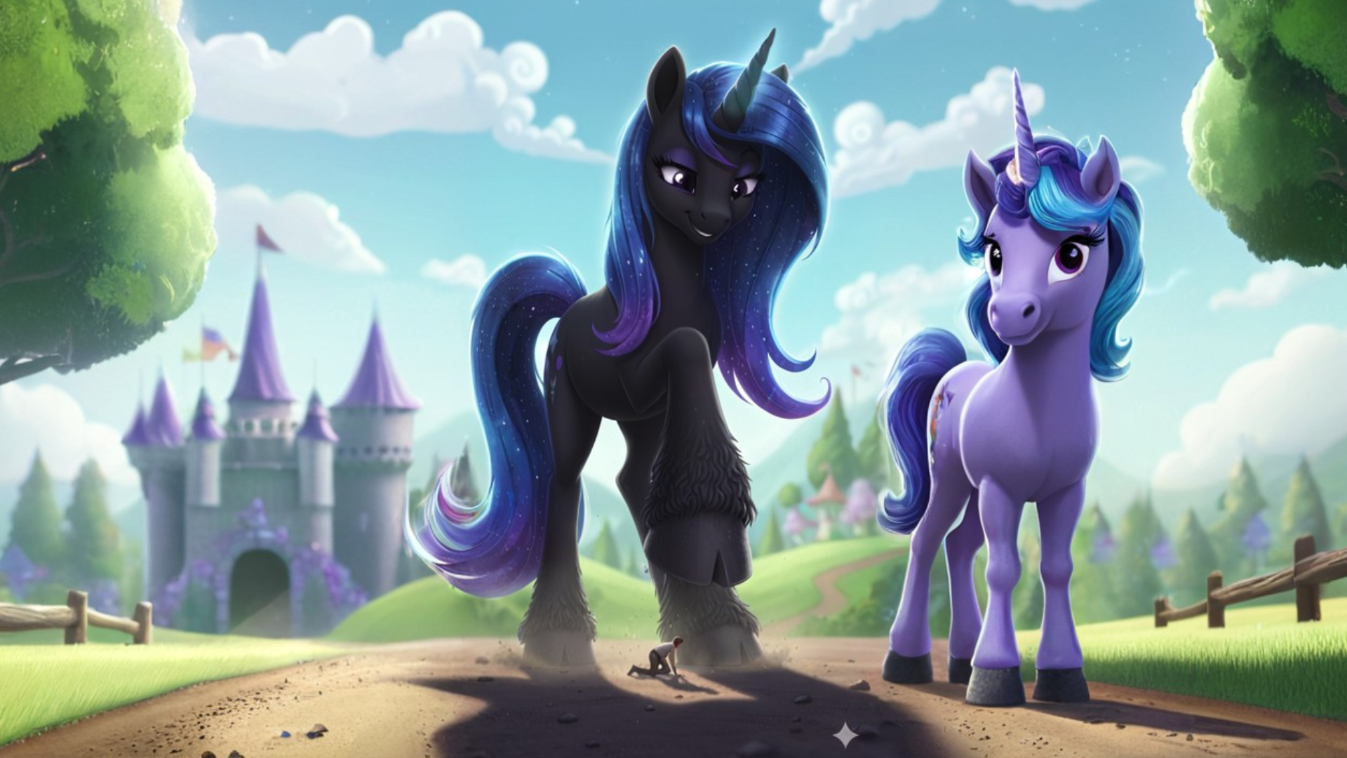 A dark MLP unicorn crushing a tiny figure under her hoof, then walking towards the viewer.

Shot ...