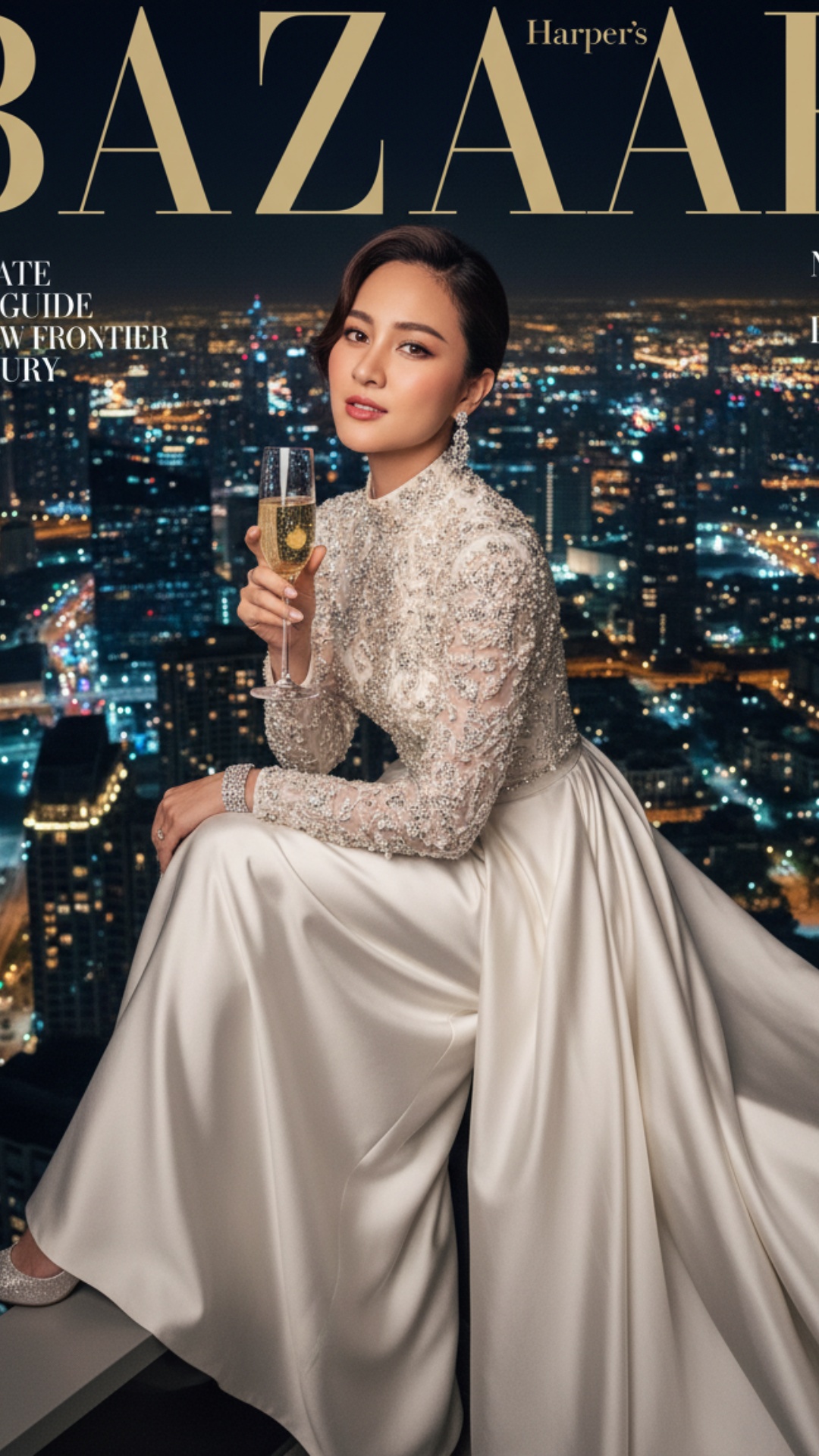 A high-fashion editorial "Harper’s Bazaar" magazine cover photo on the rooftop of Burj Khalifa at...