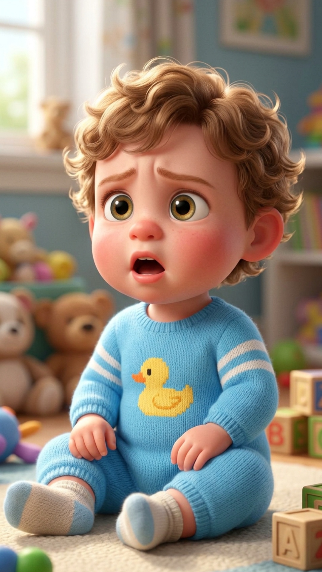 Объект: Ребёнок с тёмными прямыми волосами
Контекст: 3D Pixar стиль, мягко размыт фон
Действие: Р...