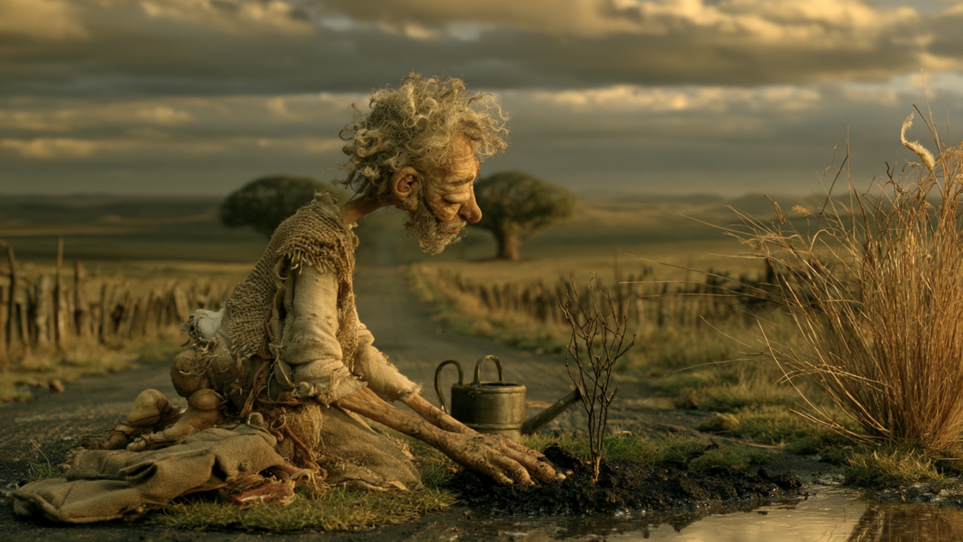 Cinematic low tracking move along the wet ground toward the planted sapling. The man draws loose ...