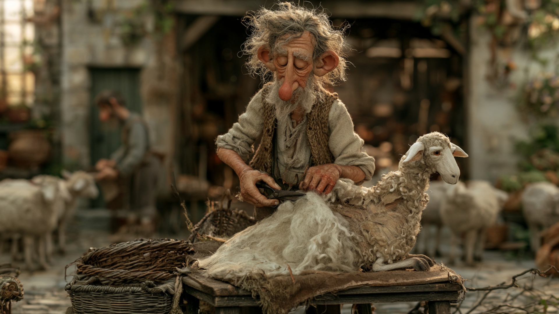 The elderly shearer opens and closes the hand shears through one thick section of fleece, making ...