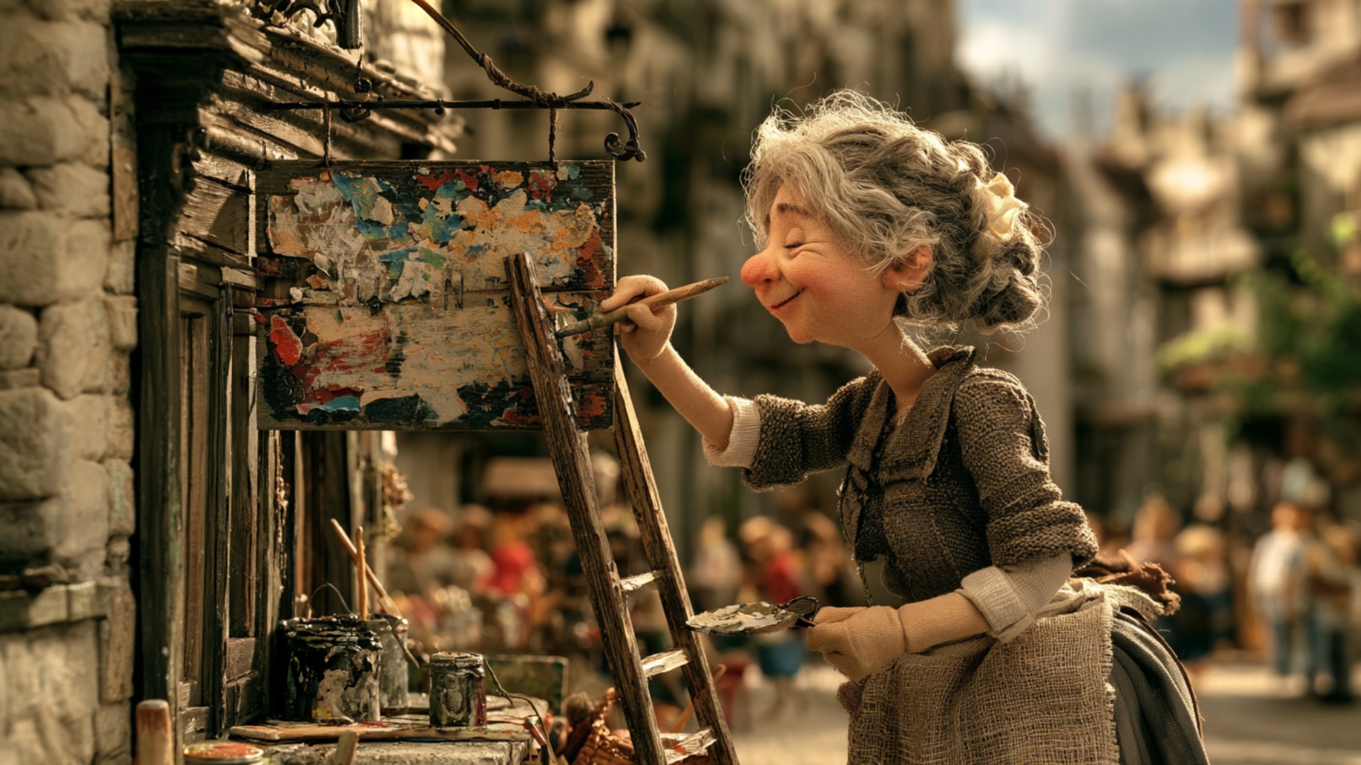 Gentle cinematic push toward the old painted sign. The woman draws one short careful brushstroke ...