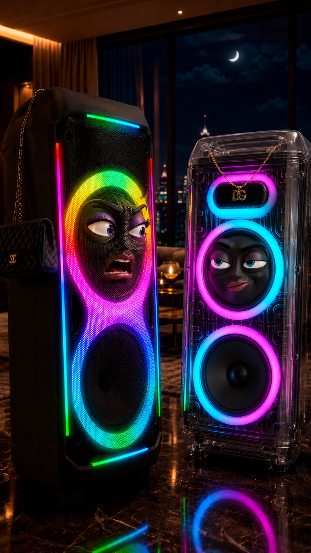 The tall black speaker on the left with rainbow LED rings and a shocked angry female face is yell...
