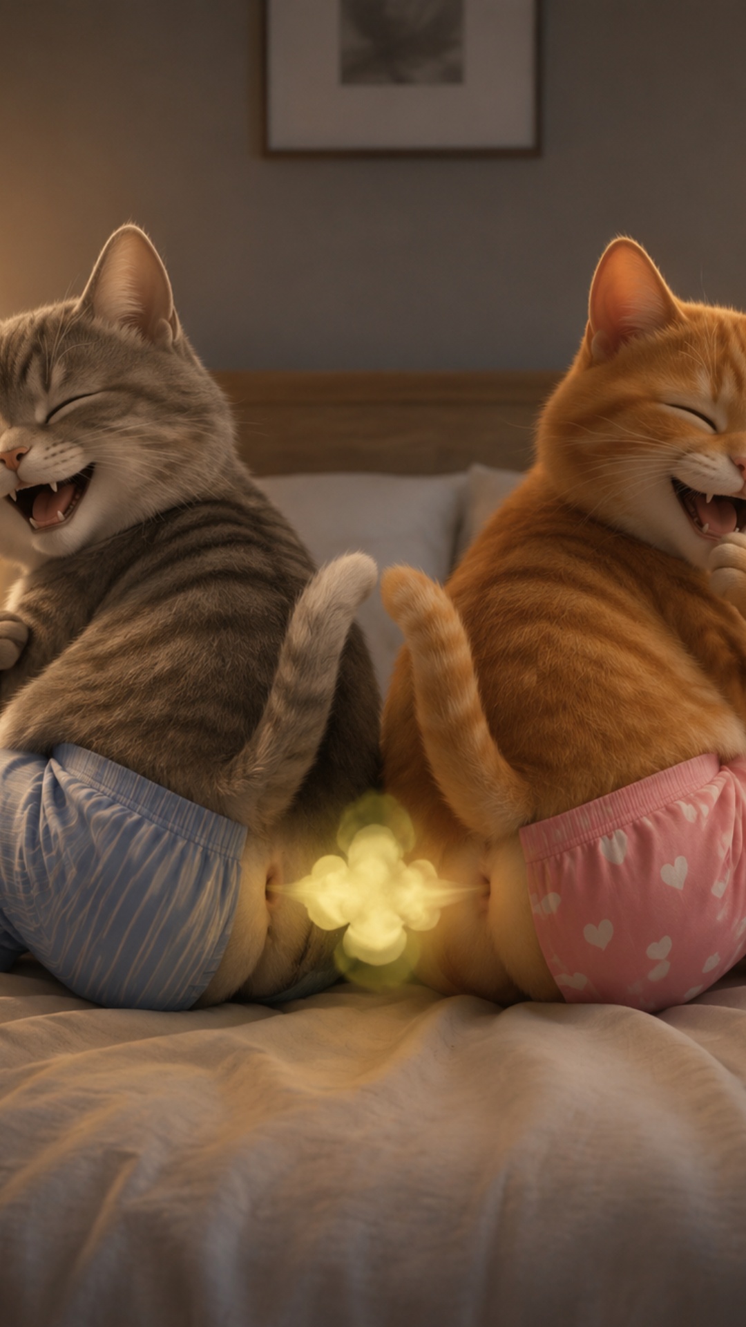 Two adorable fluffy cats sitting side by side on a cozy bed in a softly lit, warm bedroom. Both c...