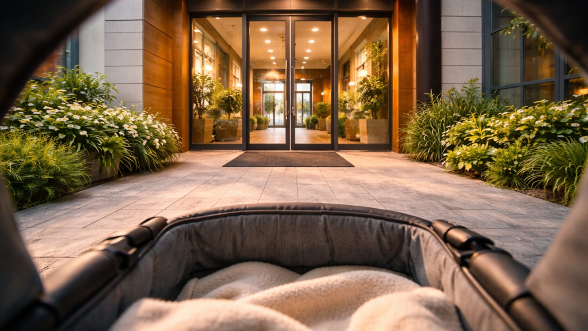 A view from the side of a child in a stroller. The child moves his legs slightly under the blanke...