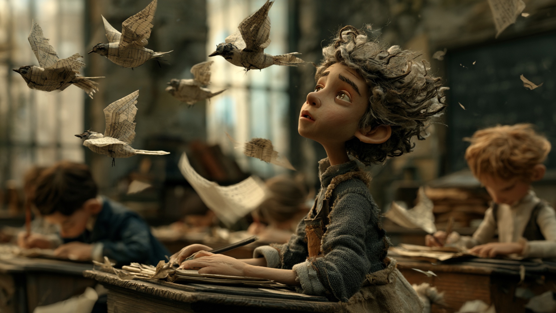 Start exactly from the provided image. Animate only the existing paper birds already visible in t...