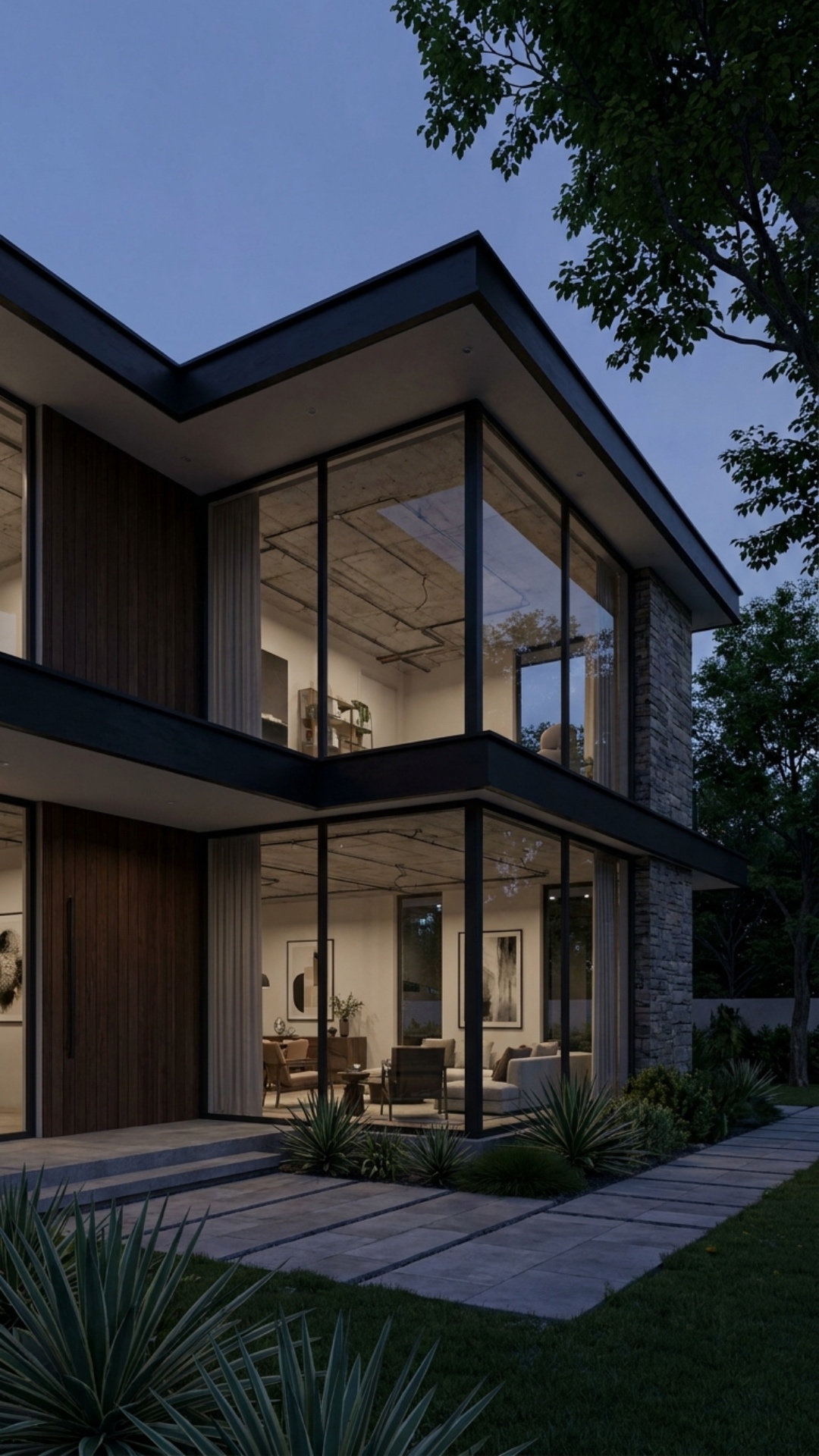 Cinematic realistic transition from the same modern two-story luxury house at dusk with dark unfi...