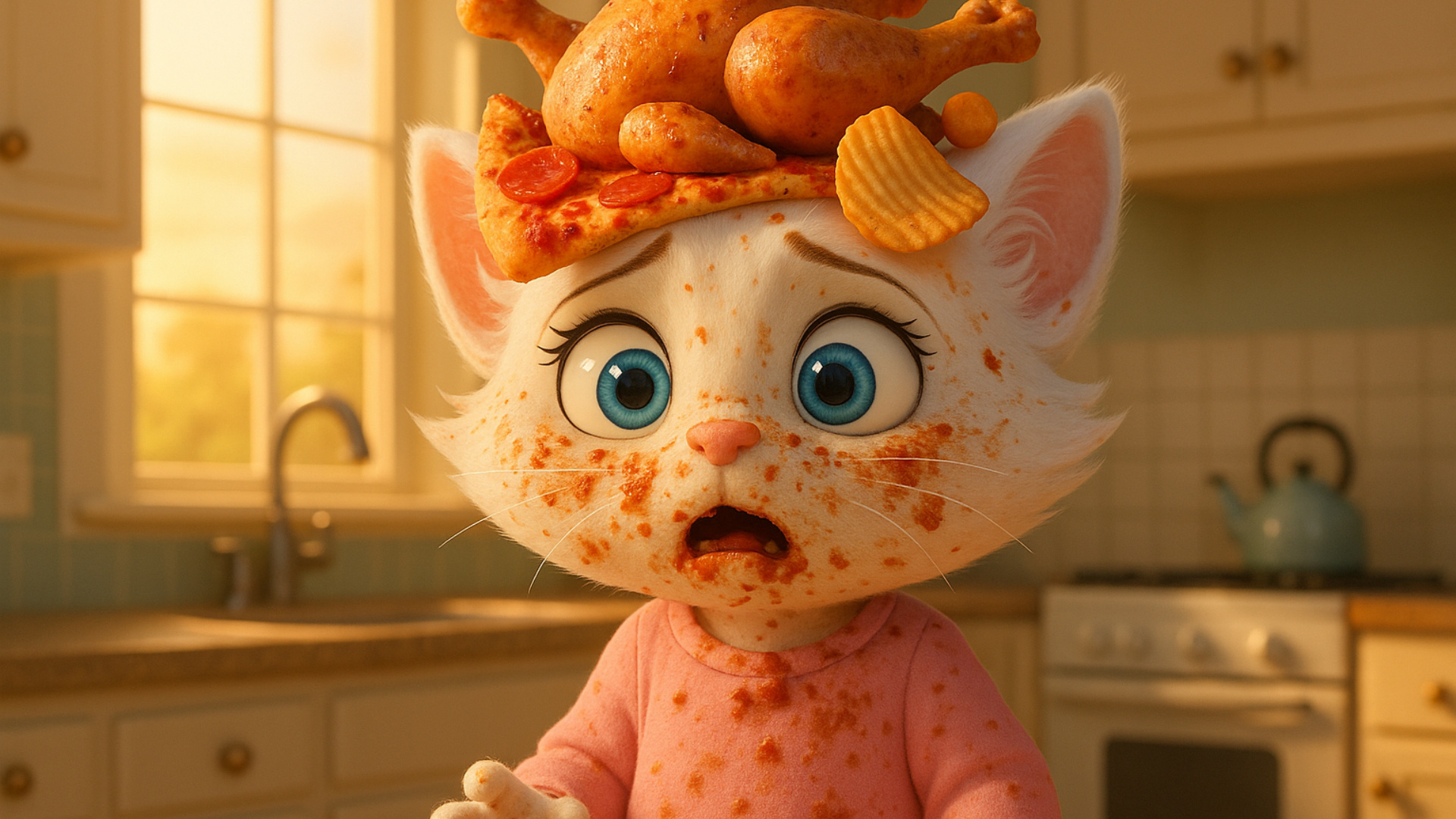 anthro dirty female kitten looks shocked and scared