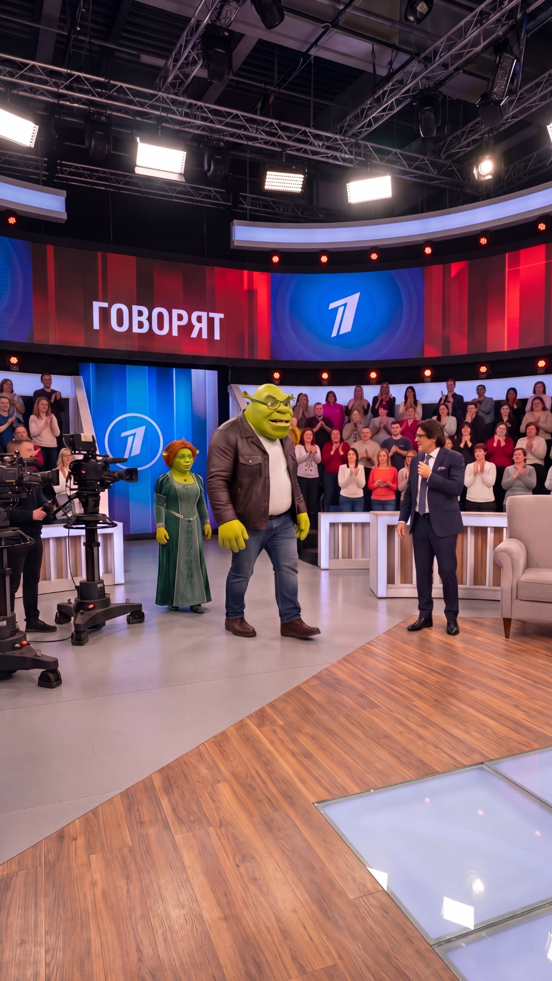 Шрек и Фиона идут по раздельности. Шрек всем улыбается и машет. Фиона идёт недовольная