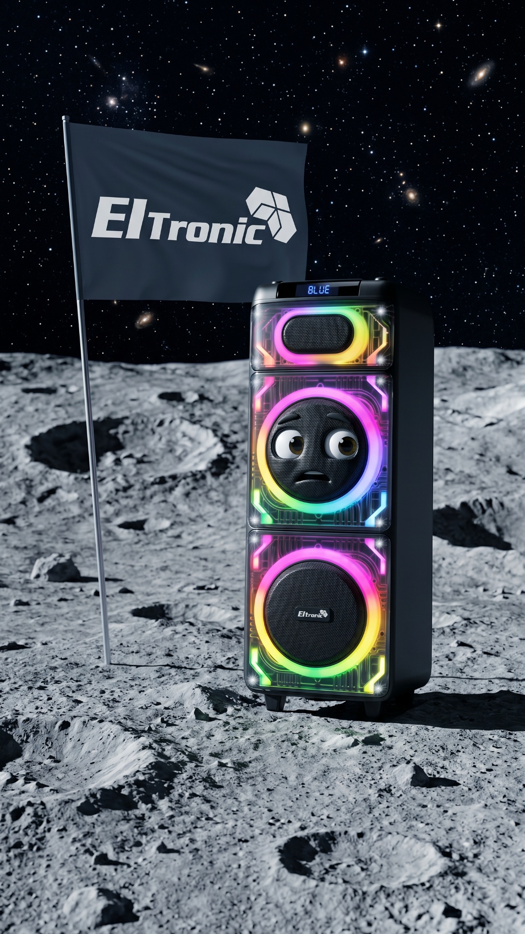 A single speaker (20-23) stands on the Moon near a flag with Eltronic logo. Empty space, stars.

...