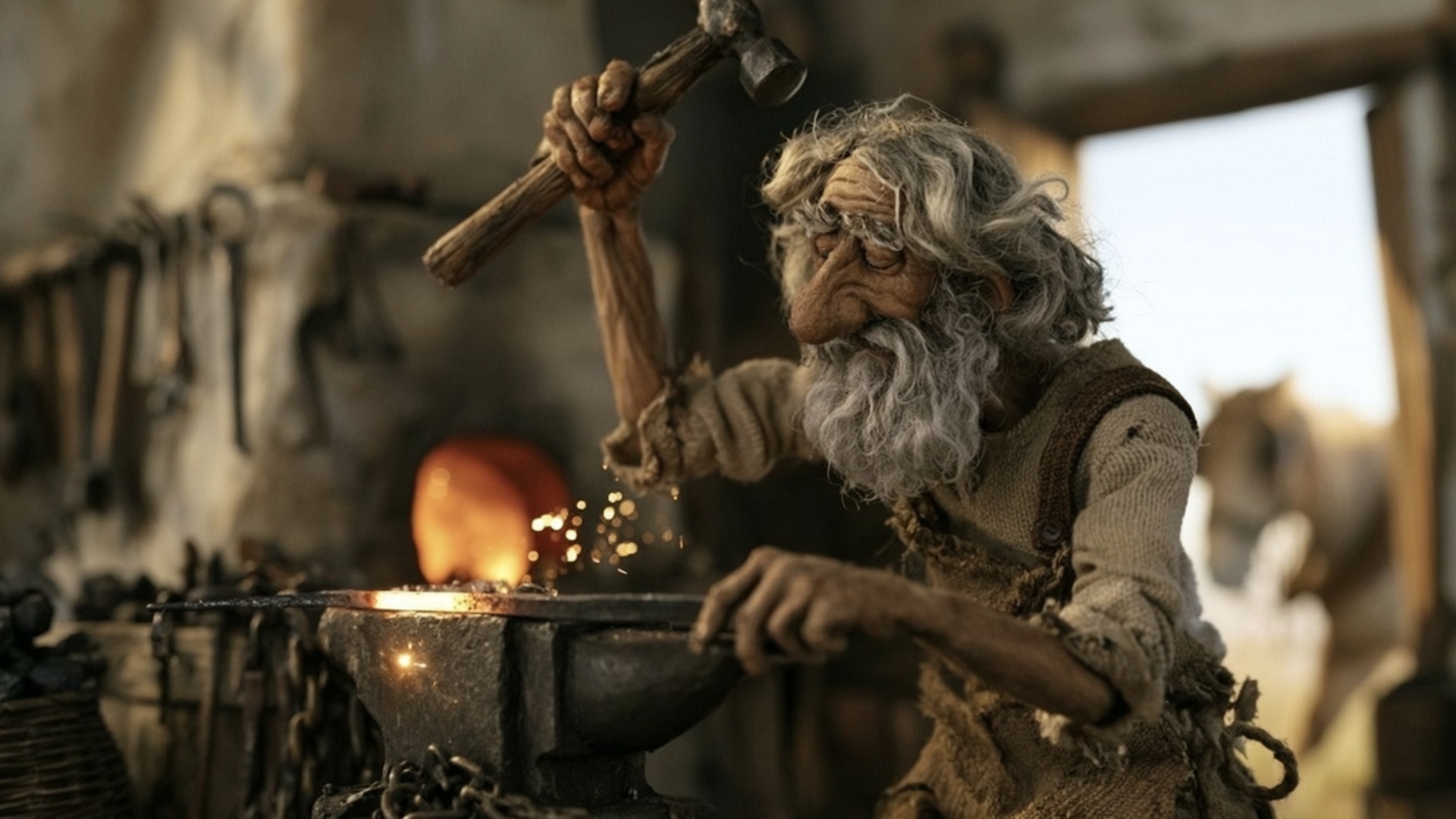 The blacksmith completes two strong, clearly separated hammer strikes during the full 5 seconds. ...