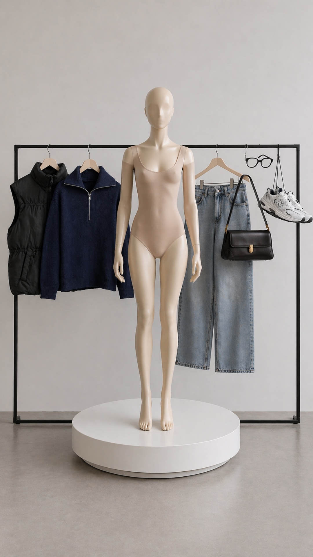 Minimalist studio scene. A female mannequin wearing a nude bodysuit stands in the center, complet...
