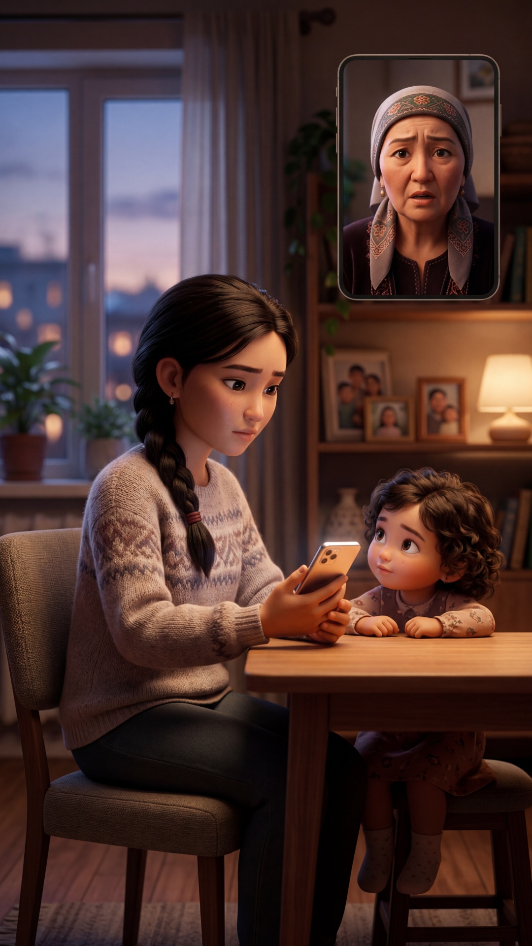 Vertical 9:16 video.

Aydana on phone call with her mother. Daughter рядом.

Mother:
Кызым, ...